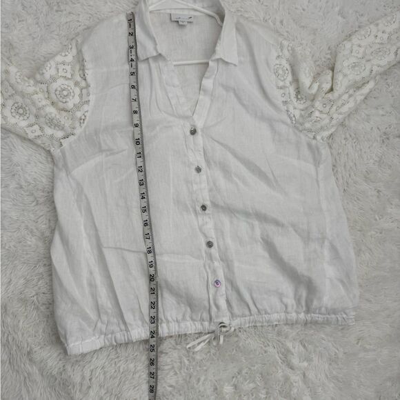 J. Jill White Linen Button Front Lace Sleeves Drawstring Waist Blouse Size M - Picture 10 of 11